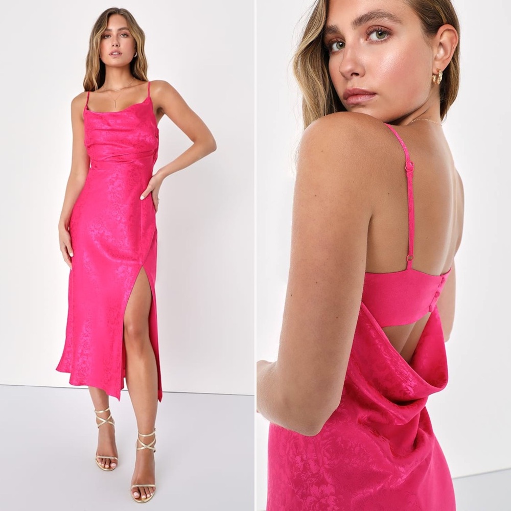 NWT | Lulus | Stunning Radiance Hot Pink Satin Jacquard Cowl Midi Dress | Sz M